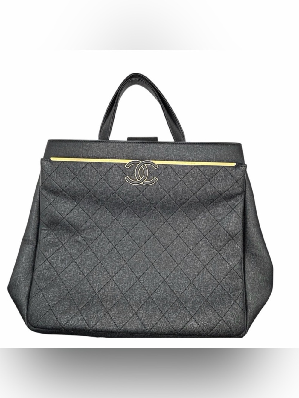CHANEL Black Quilted Leather Tote Bag with Gold Chain